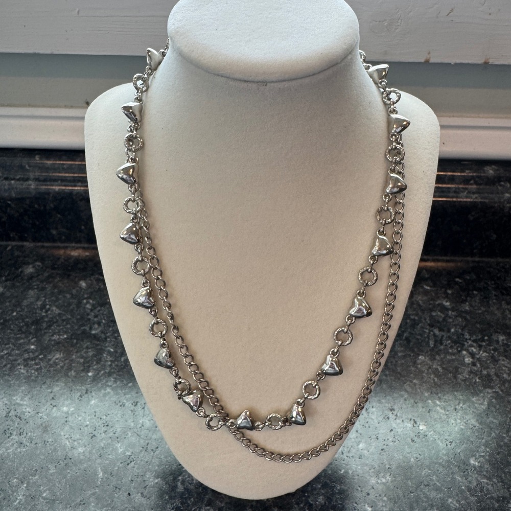 Vintage Silver Toned Heart Necklace with Coin Pendant Long Layered
